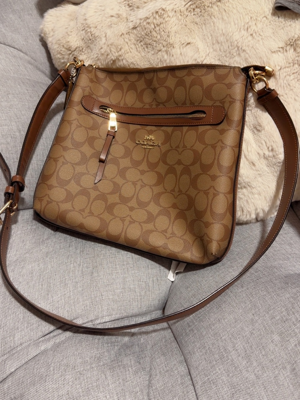 Coach Tan/Brown Signature Canvas Crossbody with Leather Trim